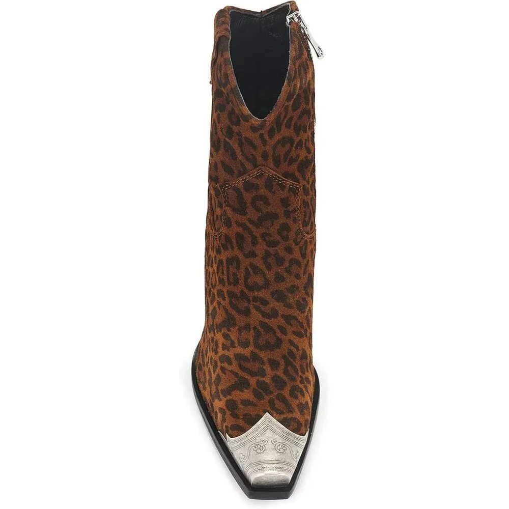 Women's Leopard Engraved Steel Toe Cowgirl Boots Stacked Block Heels Short - Picture 4 of 5